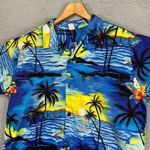 Palmwave Hawaiian Shirt Men XL Blue Yellow Palm Tree Floral Button Up Pocket NEW